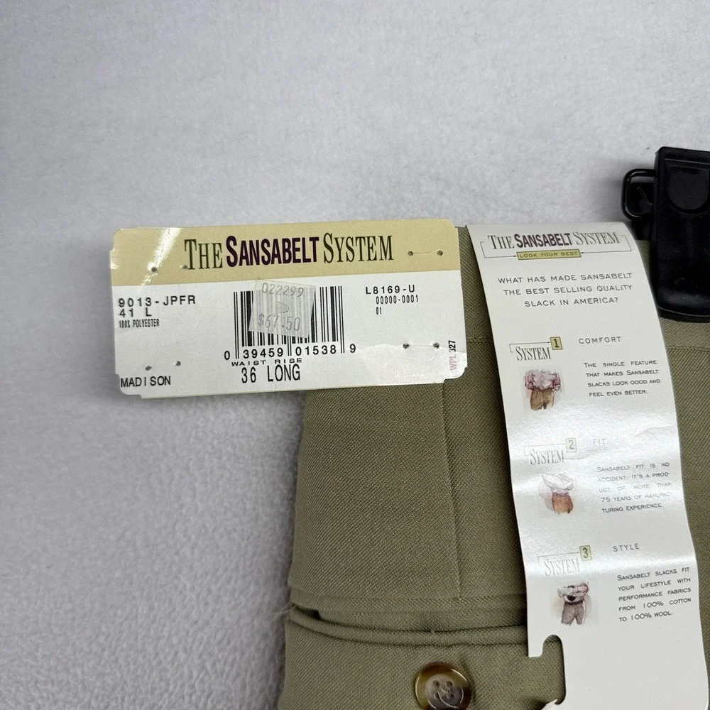 Vintage Sansabelt Dress Pants men's 36 Long Beige Trousers Madison Unhemmed NEW